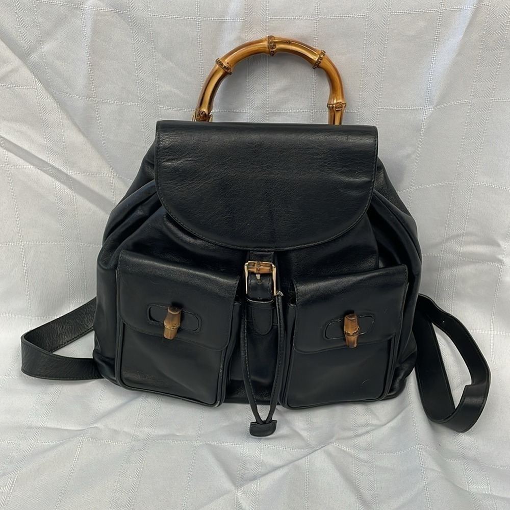 Gucci Leather Bamboo Backpack Black Designer Luxury Rucksack Twin Pocket